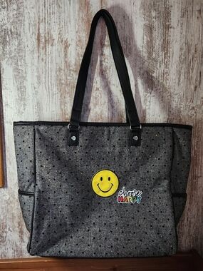 Thirty-One Cindy Tote Bag Charcoal Gray Confetti  "Choose Happy" Smiley Face 🙂